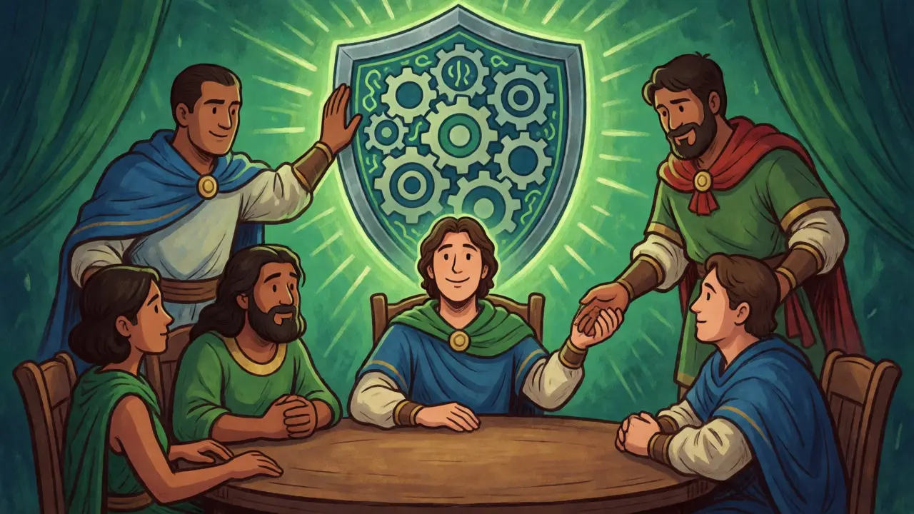 Group of guardians activating a mechanical shield around a seated user, symbolizing social recovery.