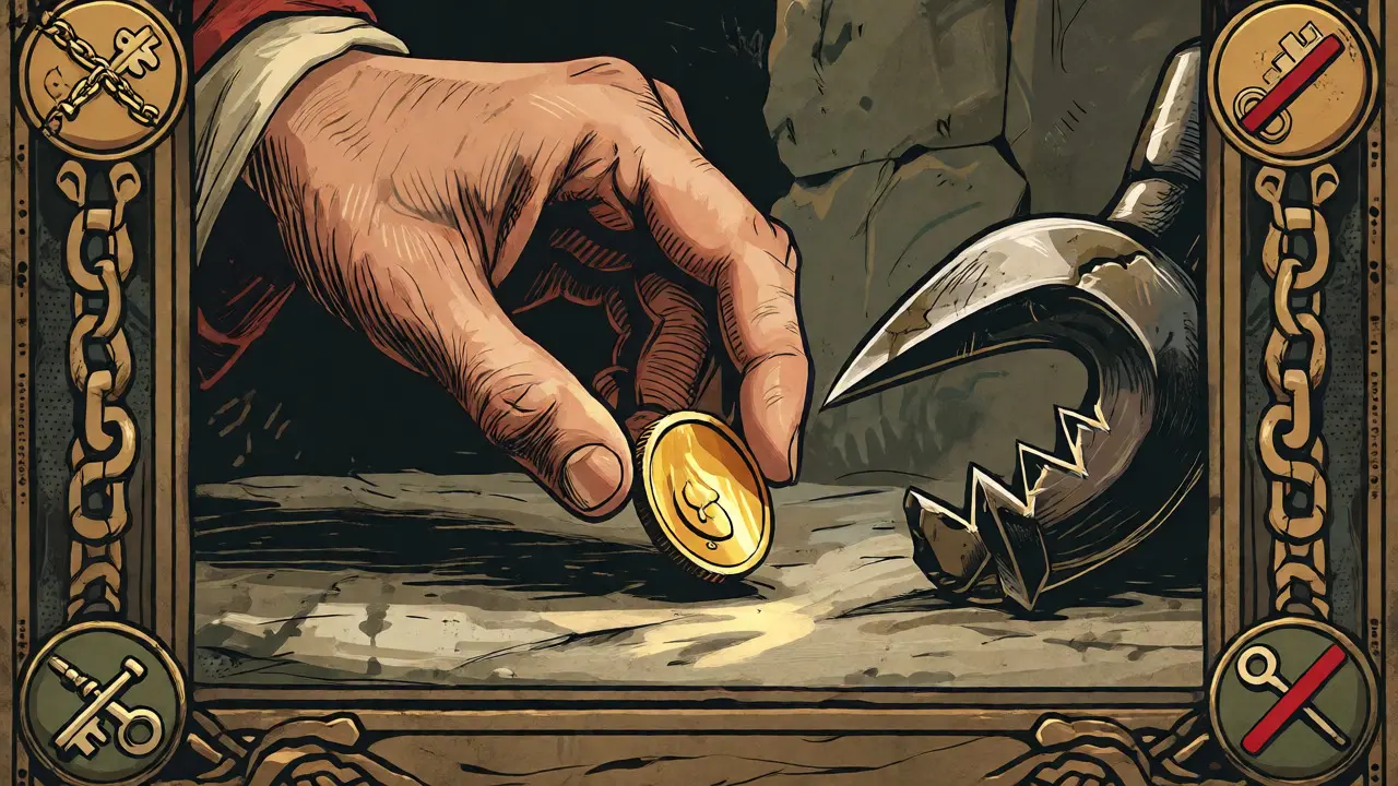 Hand grabbing a golden coin that turns into a trap, surrounded by ornate warning motifs.