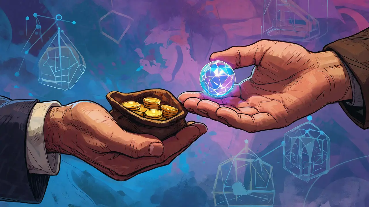 Hands exchanging coins for a digital orb in an abstract setting.
