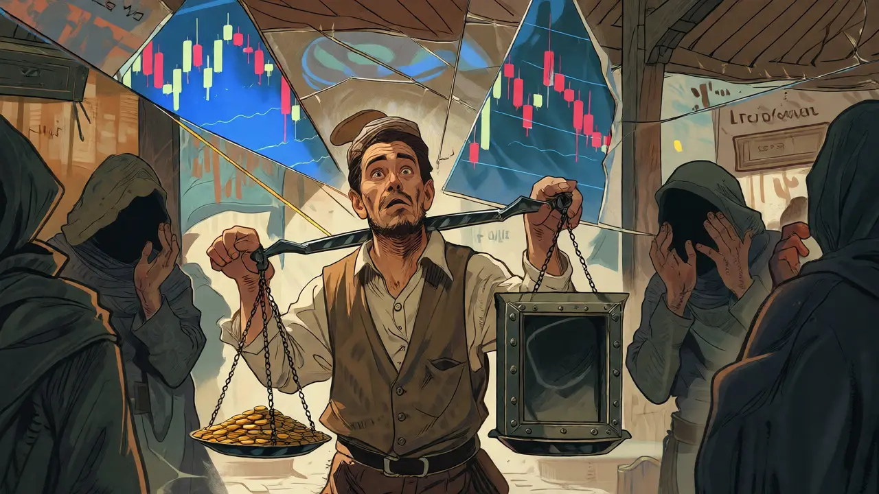 Illustration of a trader facing conflicting market data and anonymous figures.
