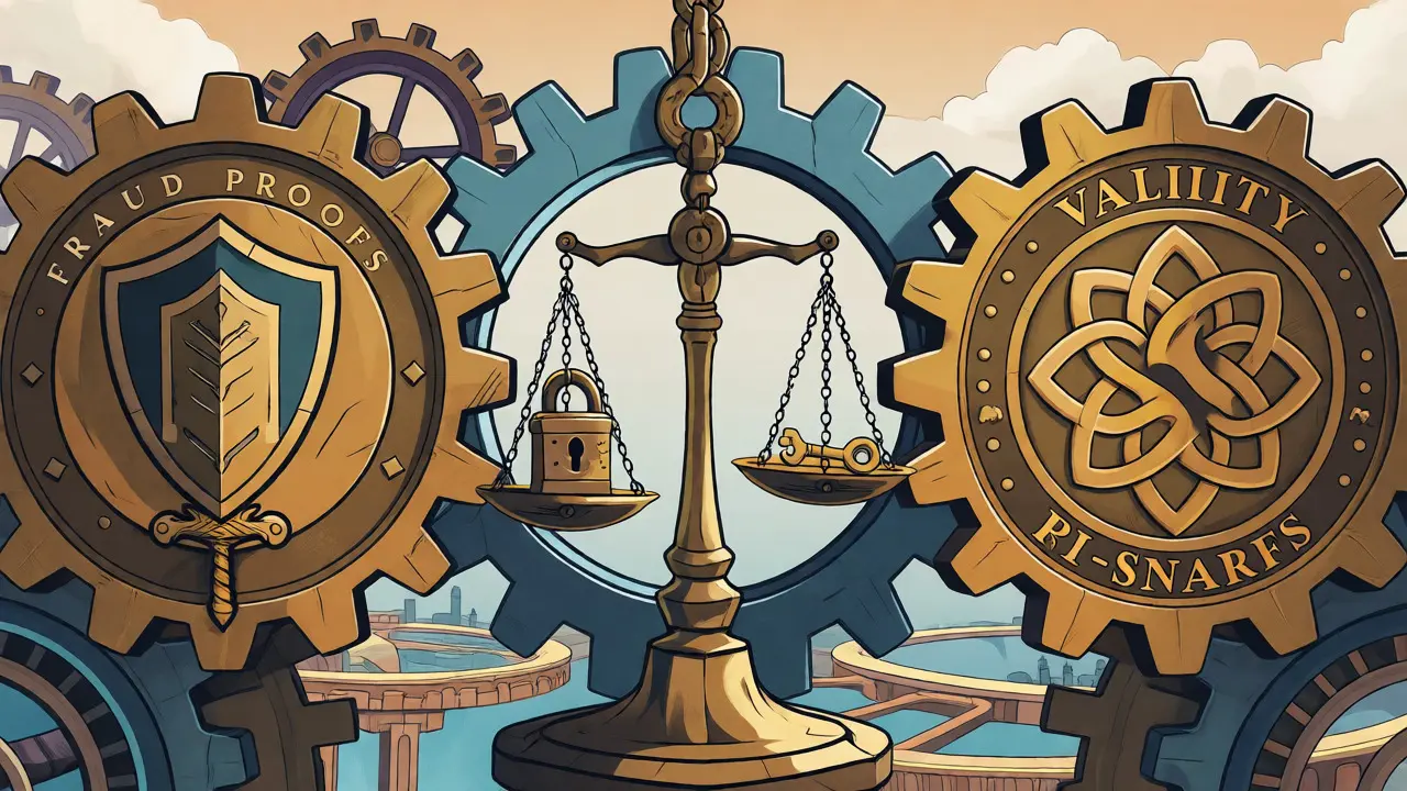 Interlocking gears representing fraud and validity proofs balancing asset locks for atomic transactions.