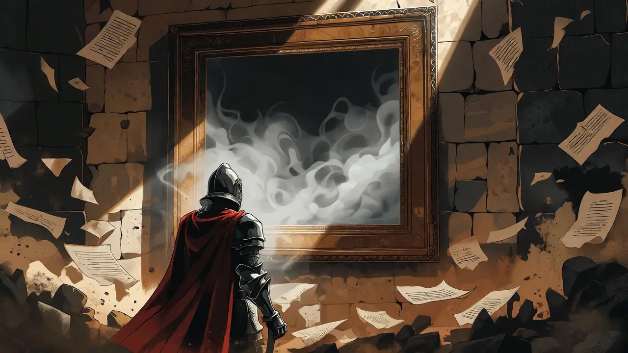 Knight facing an empty picture frame filled with gray mist symbolizing broken NFT links.