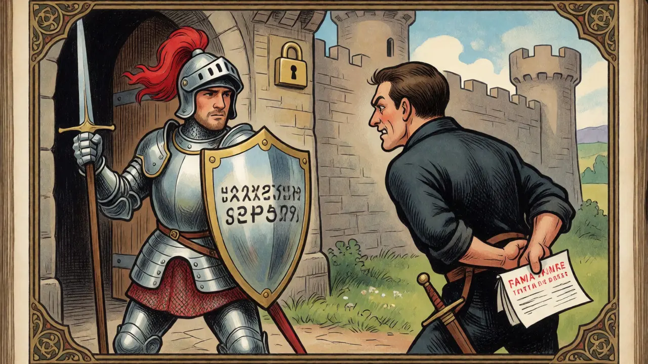 Knight guarding a password hash while detecting a tampered file.