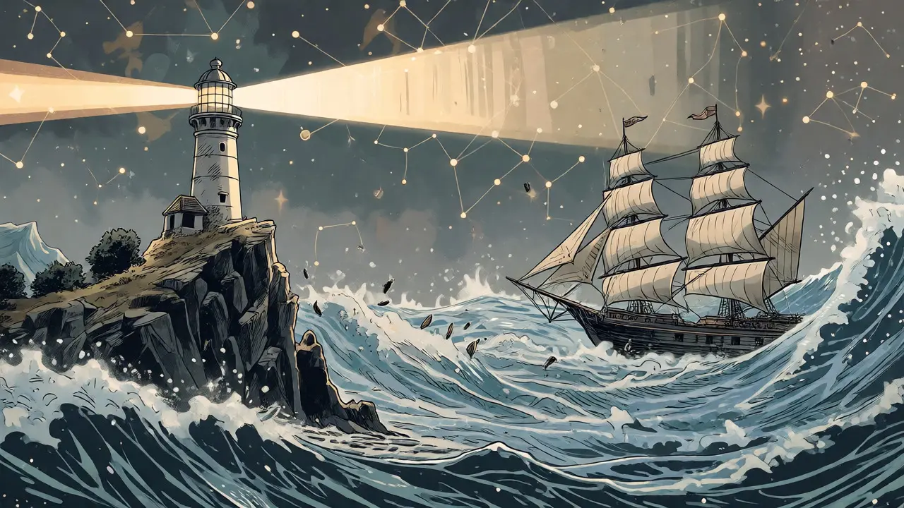 Lighthouse illuminating stable crypto ships amidst a turbulent digital sea at night.