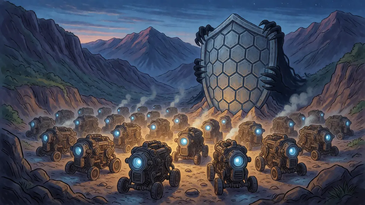 Mining rigs operating in a valley, protected by a large shield against shadowy threats.