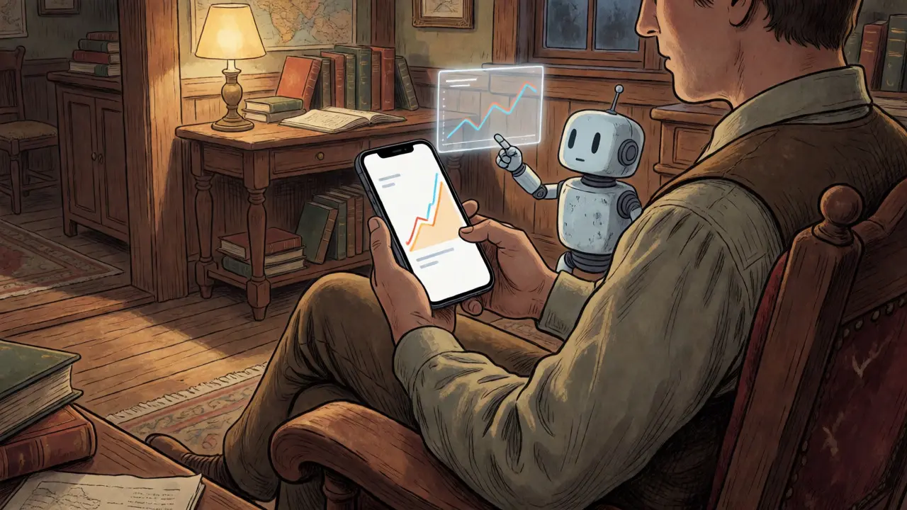 Person using a mobile app with an AI assistant icon in a cozy, wood-paneled study.