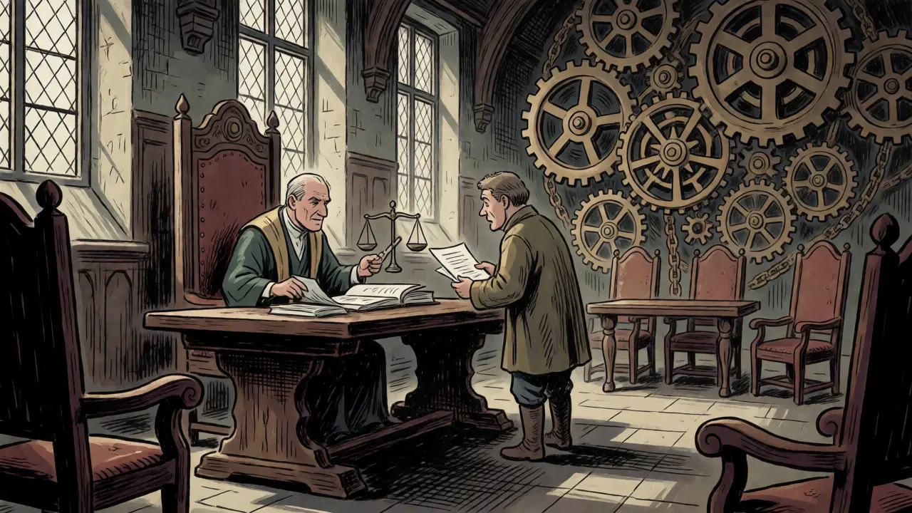 Regulator reviewing governance structures with a merchant in a formal hall.