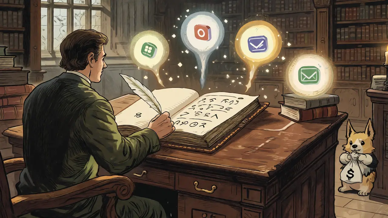 Scholar at a desk with floating mission orbs and a peeking dog creature.