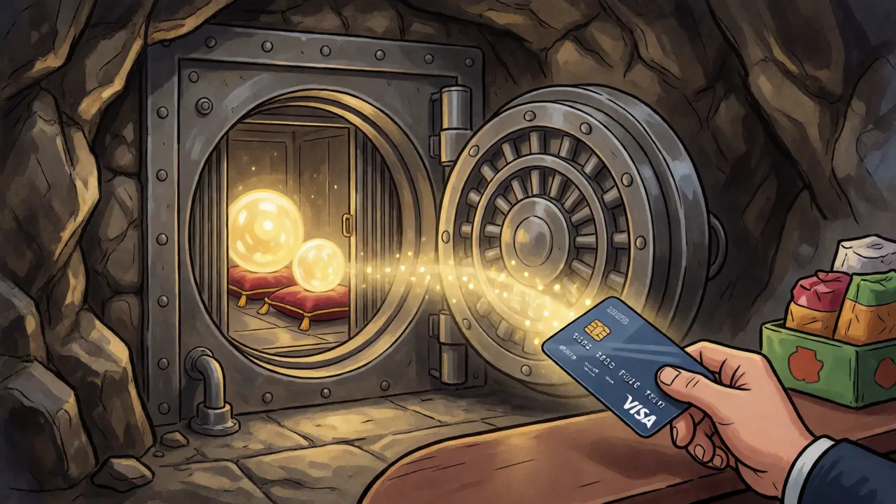 Secure vault with glowing orbs connecting via golden particles to a physical debit card.