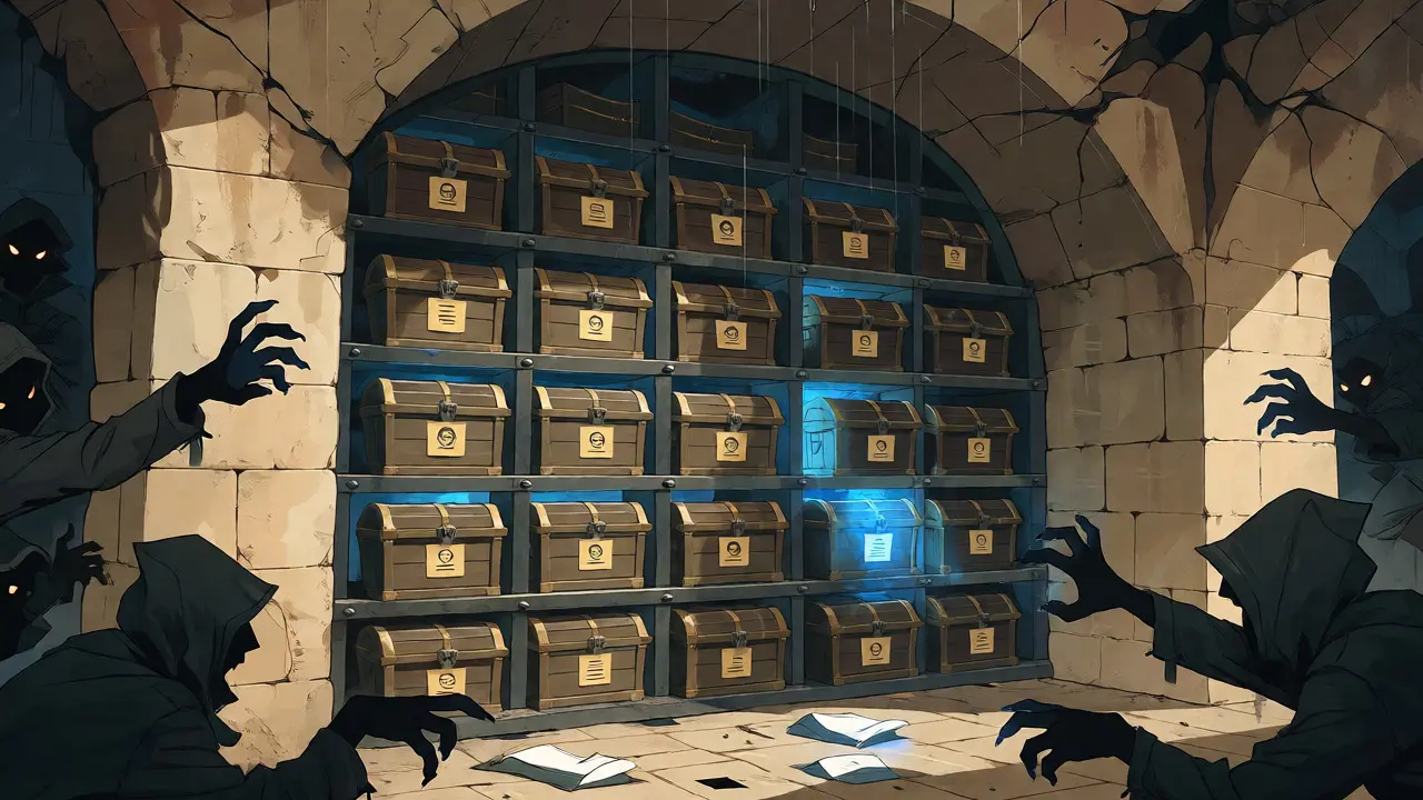 Shadowy hackers circling a vulnerable vault filled with stolen biometric data and IDs.