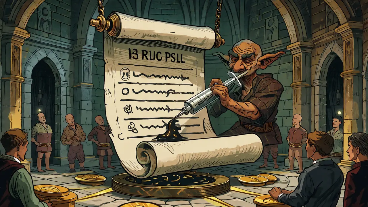 Sneaky figure poisoning a smart contract scroll while investors deposit gold in a vault.