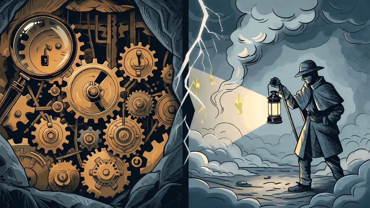 Split illustration comparing mechanical token traps against foggy NFT social deception.