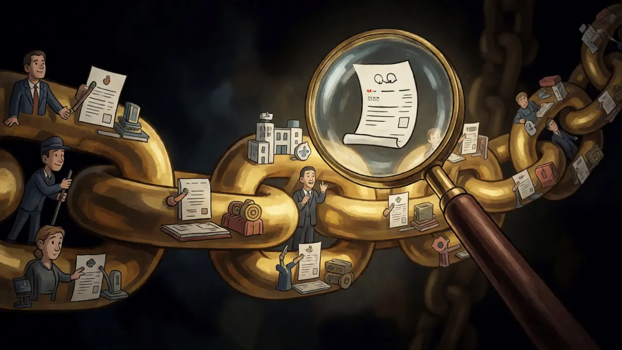Symbolic image of a golden blockchain linking parties, ensuring security and preventing fraud.
