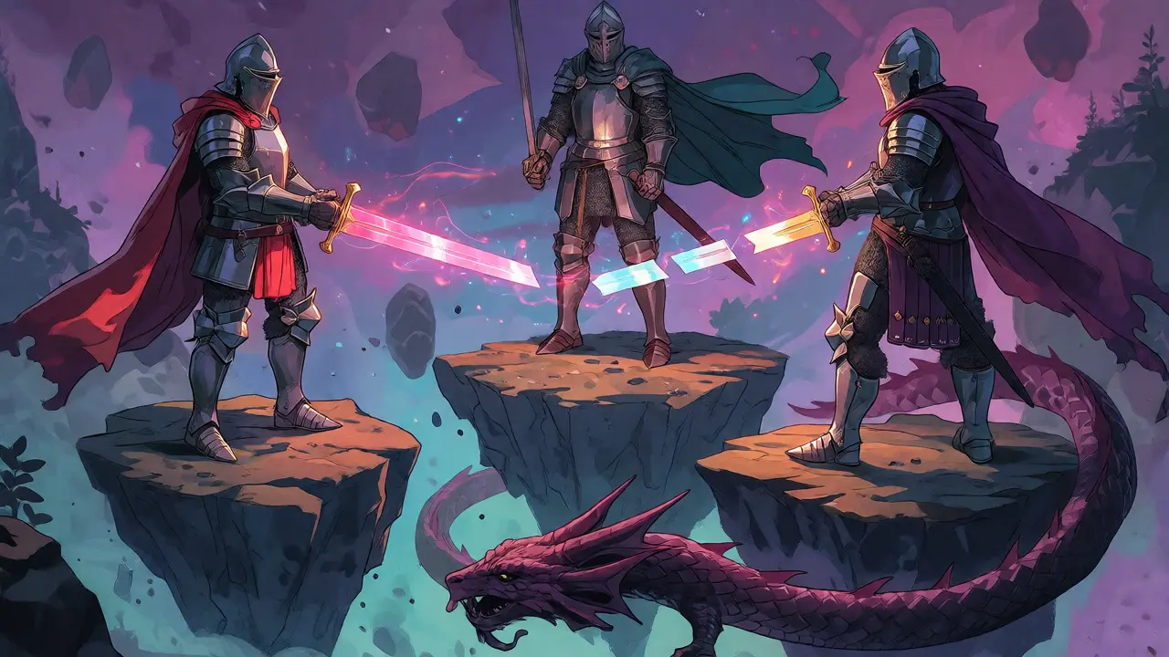 Three knights holding separated sword fragments connected by magic beams over a dragon.