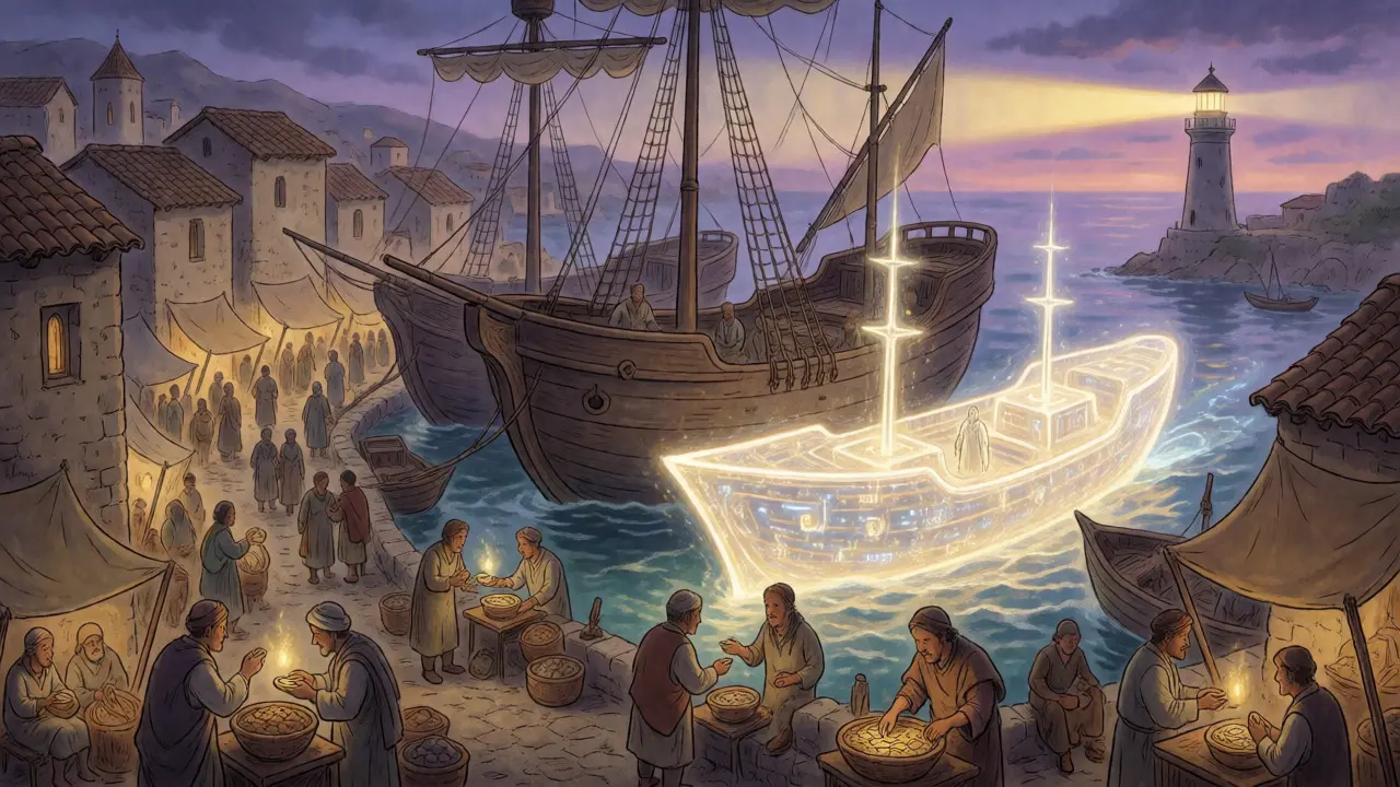 Traditional and digital finance vessels docking in a regulated harbor.