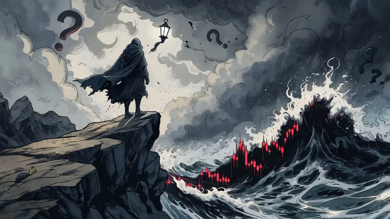 Traveler facing stormy chart-waves representing crypto volatility and risk