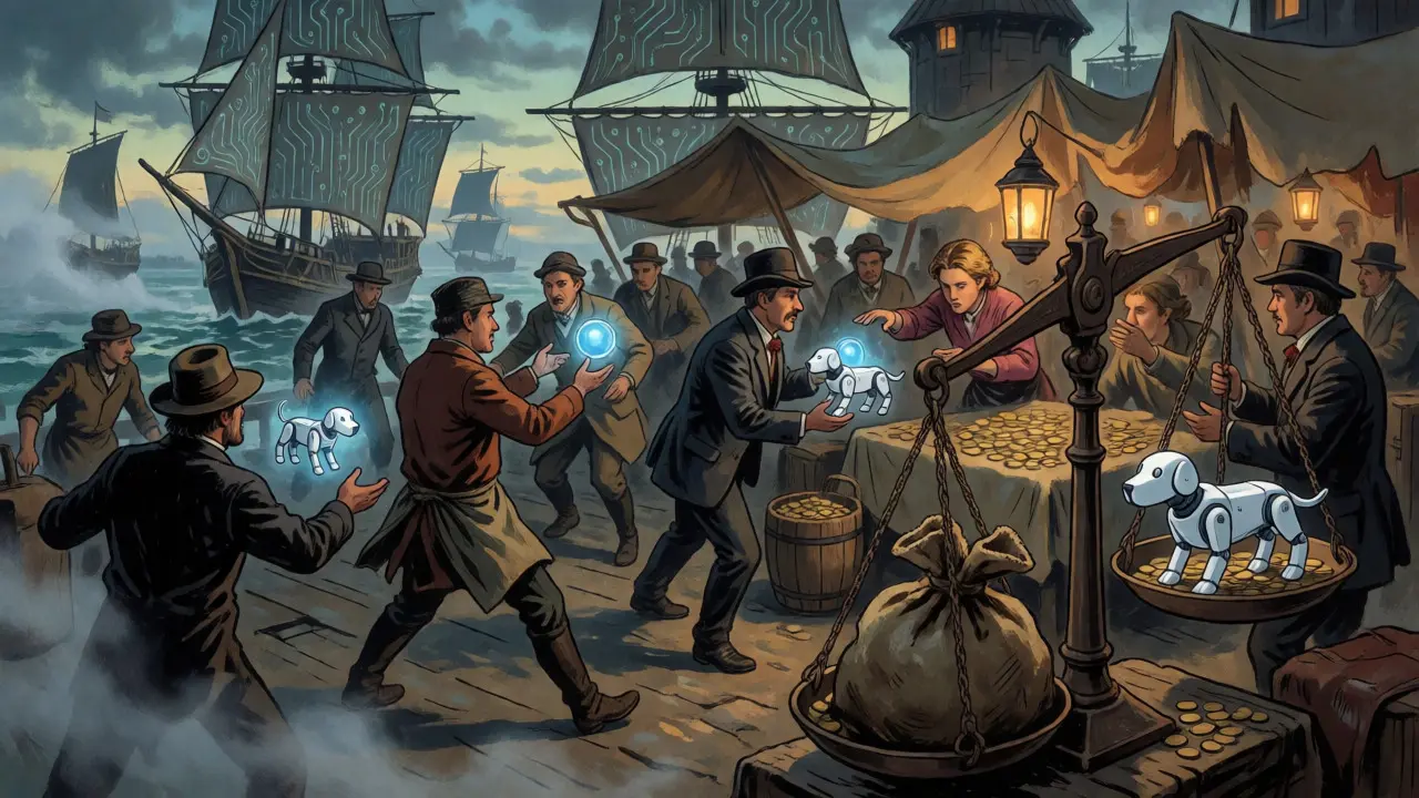 Victorian traders exchanging coins for robotic dog figurines in a chaotic market.