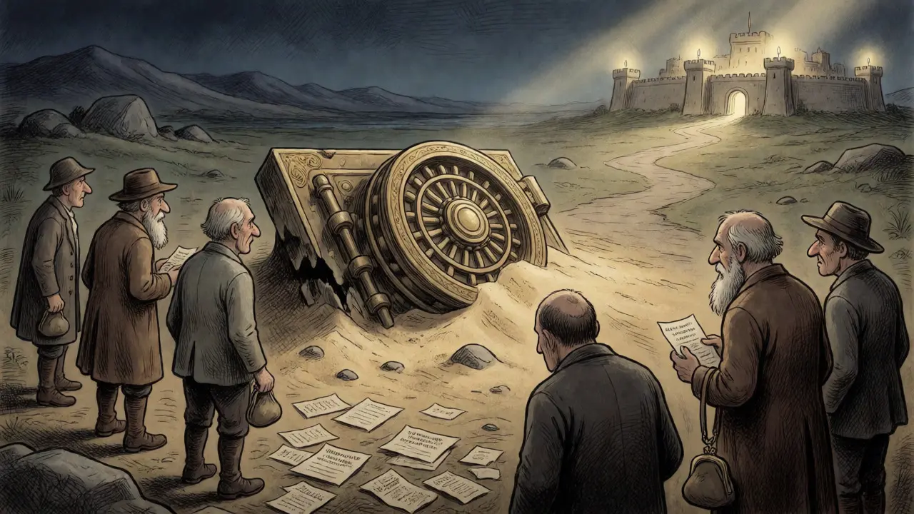 Weary travelers facing a broken vault, looking toward a distant secure fortress.