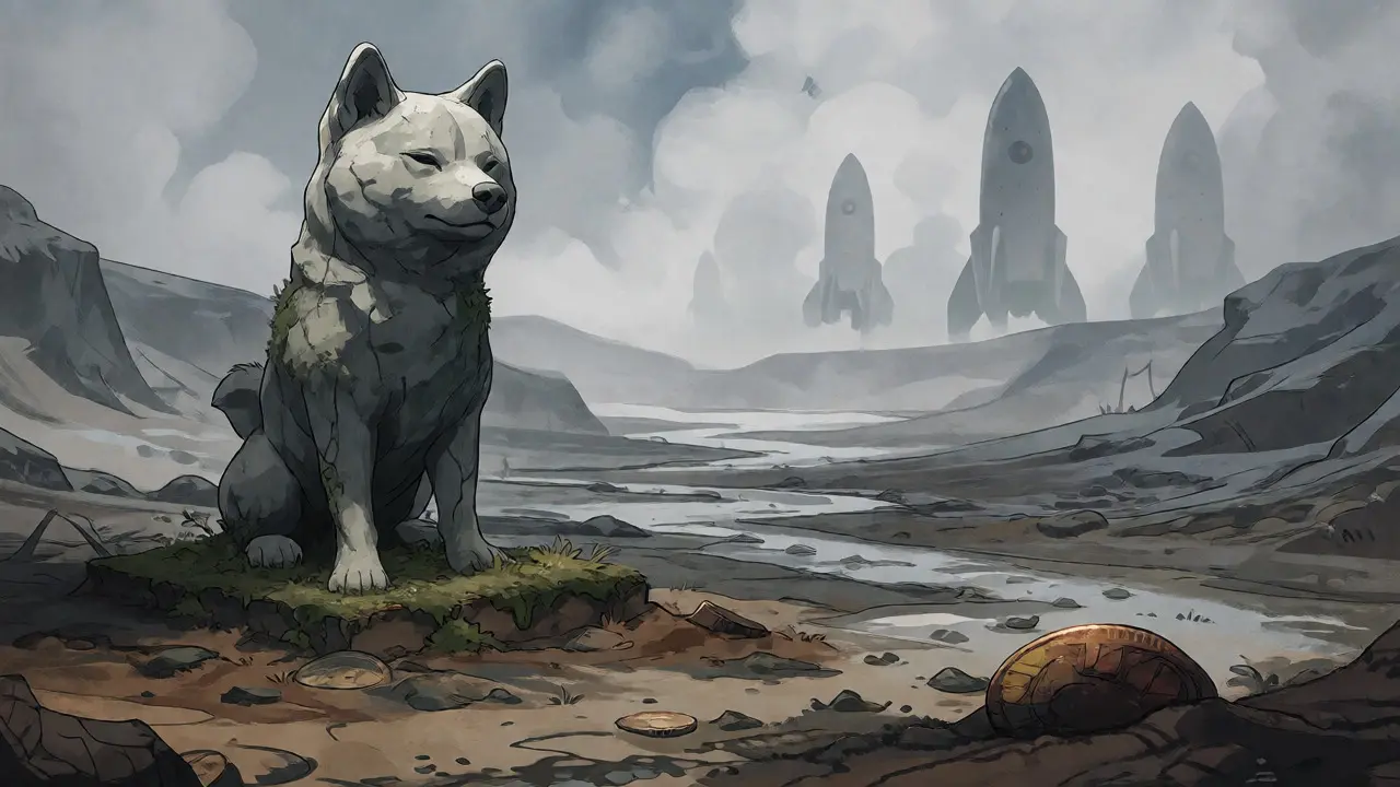 Weathered Shiba Inu statue in a foggy, desolate landscape with scattered coins.