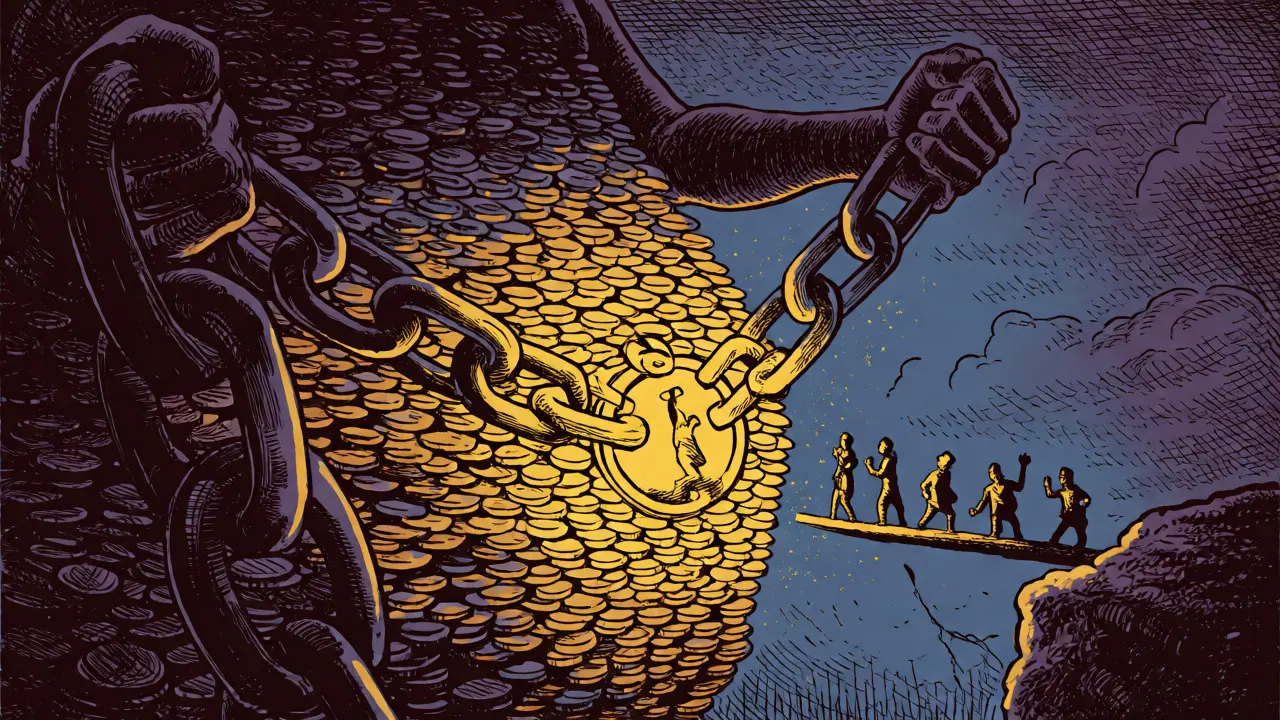 A giant figure locking away gold coins while tiny people look on nervously from a bridge.