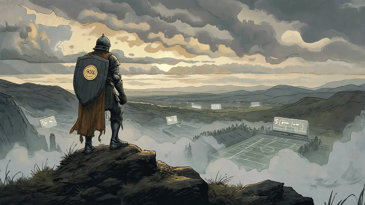 A knight standing on a cliff overlooking a misty valley of ghostly stadiums.
