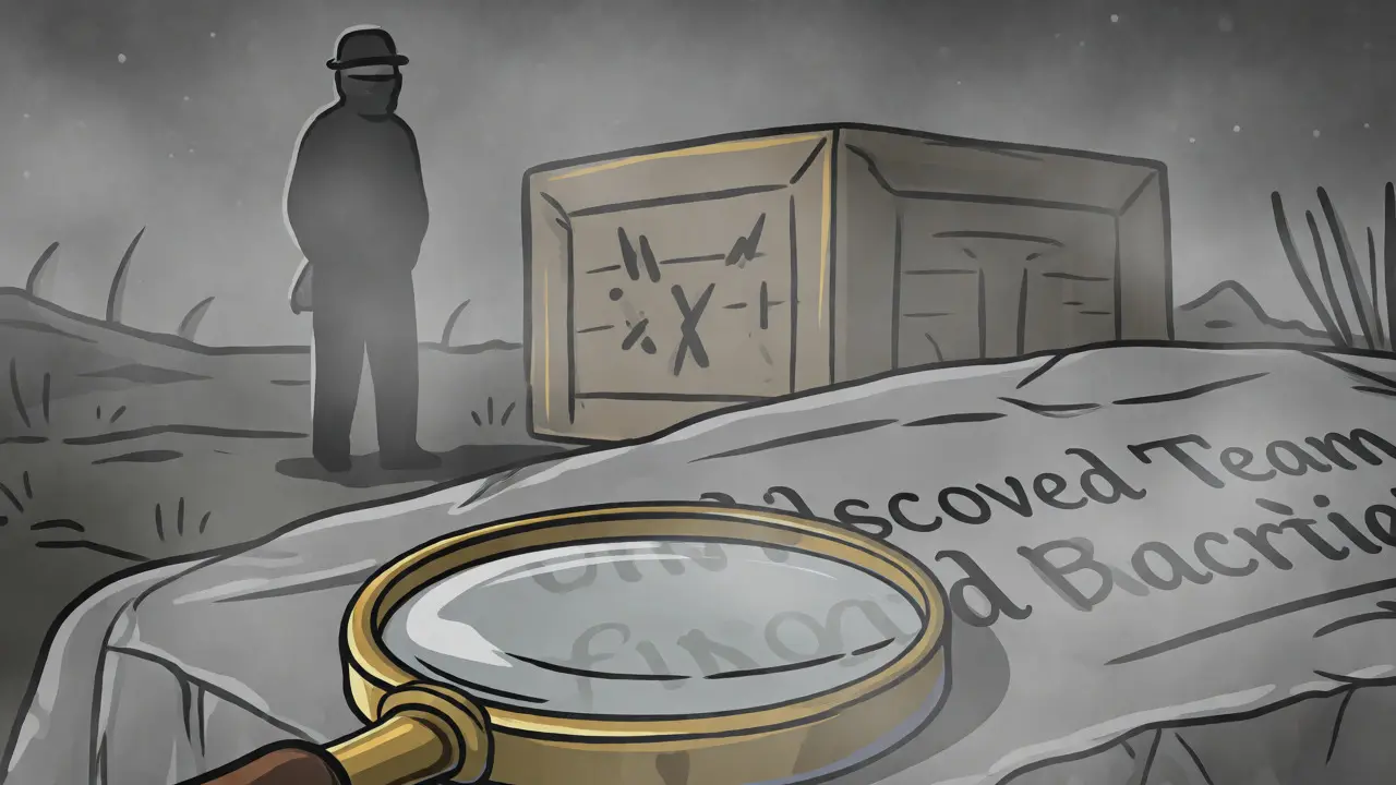 A masked silhouette behind a crate in a foggy landscape with a magnifying glass on a blank tablet.