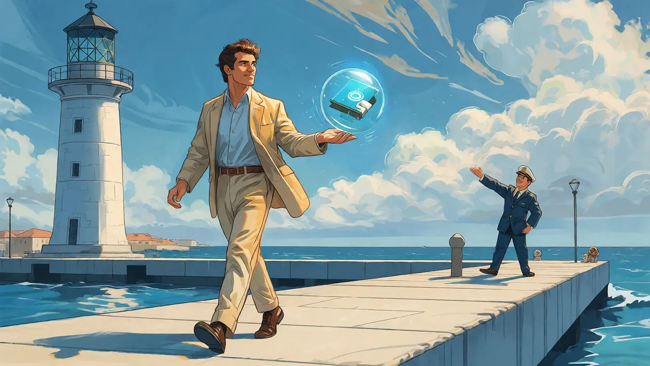 A person walking confidently near a lighthouse holding a glowing digital coin in a bright coastal setting.