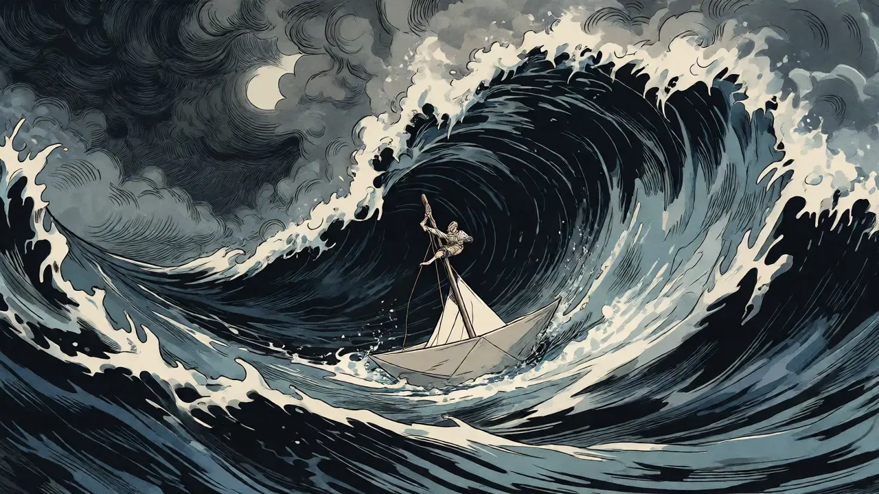 A small boat struggles against violent, dark waves in a stormy sea of volatility.