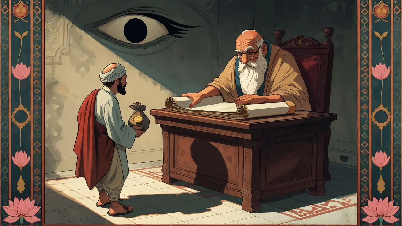 A tax official scrutinizes a trader's crypto holdings under the watchful eye of regulation.