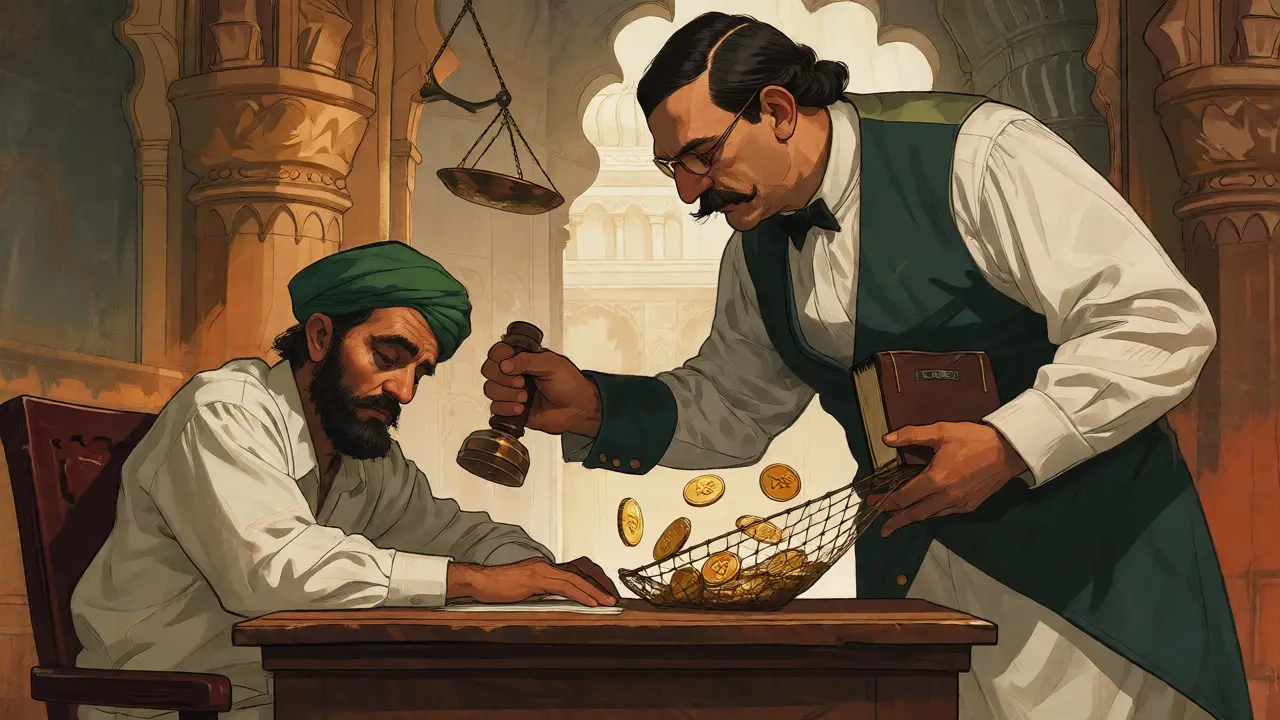 A tired trader facing a looming tax auditor figure who is collecting gold coins in an allegorical scene.