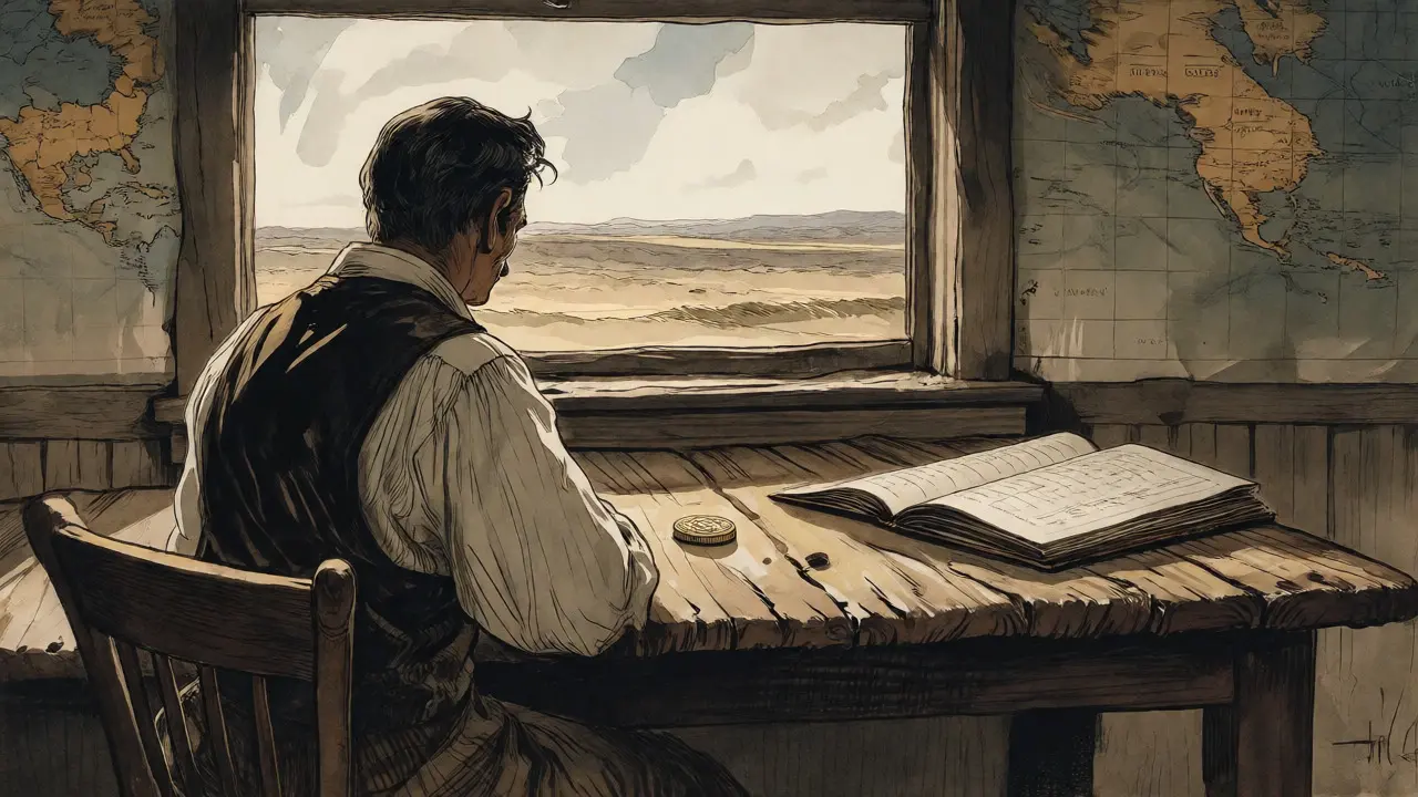 A trader contemplating a single coin on a table with an empty landscape outside.