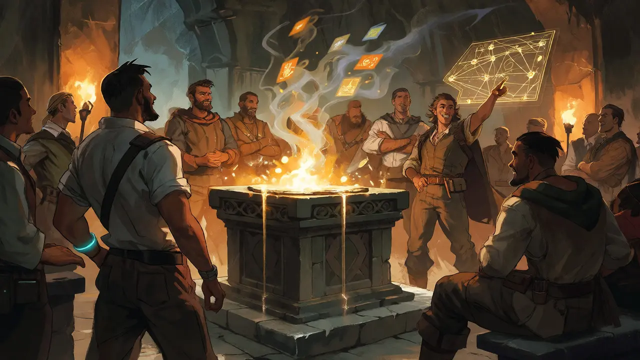 Adventurers gathering around a staking altar in a fantasy cave