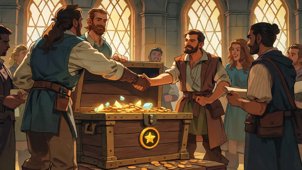 Adventurers gathering around a treasure chest of glowing tokens in a grand hall.