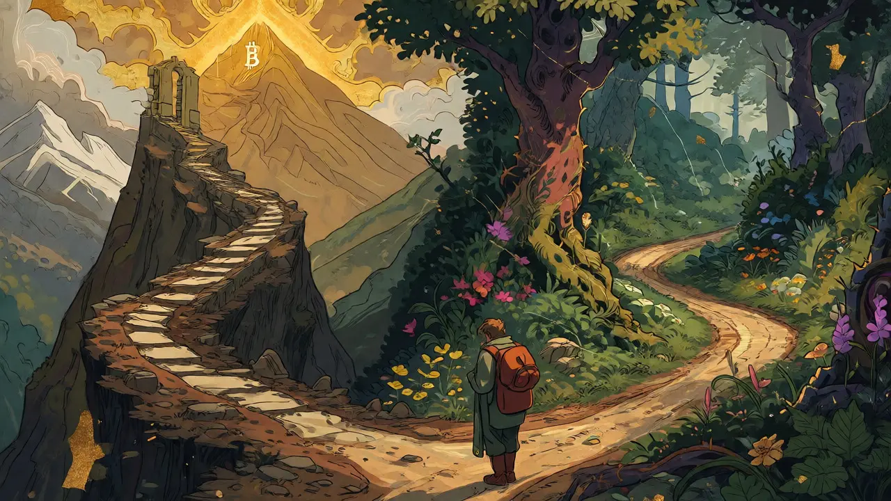 Allegorical landscape showing a stable mountain path versus a wild forest trail