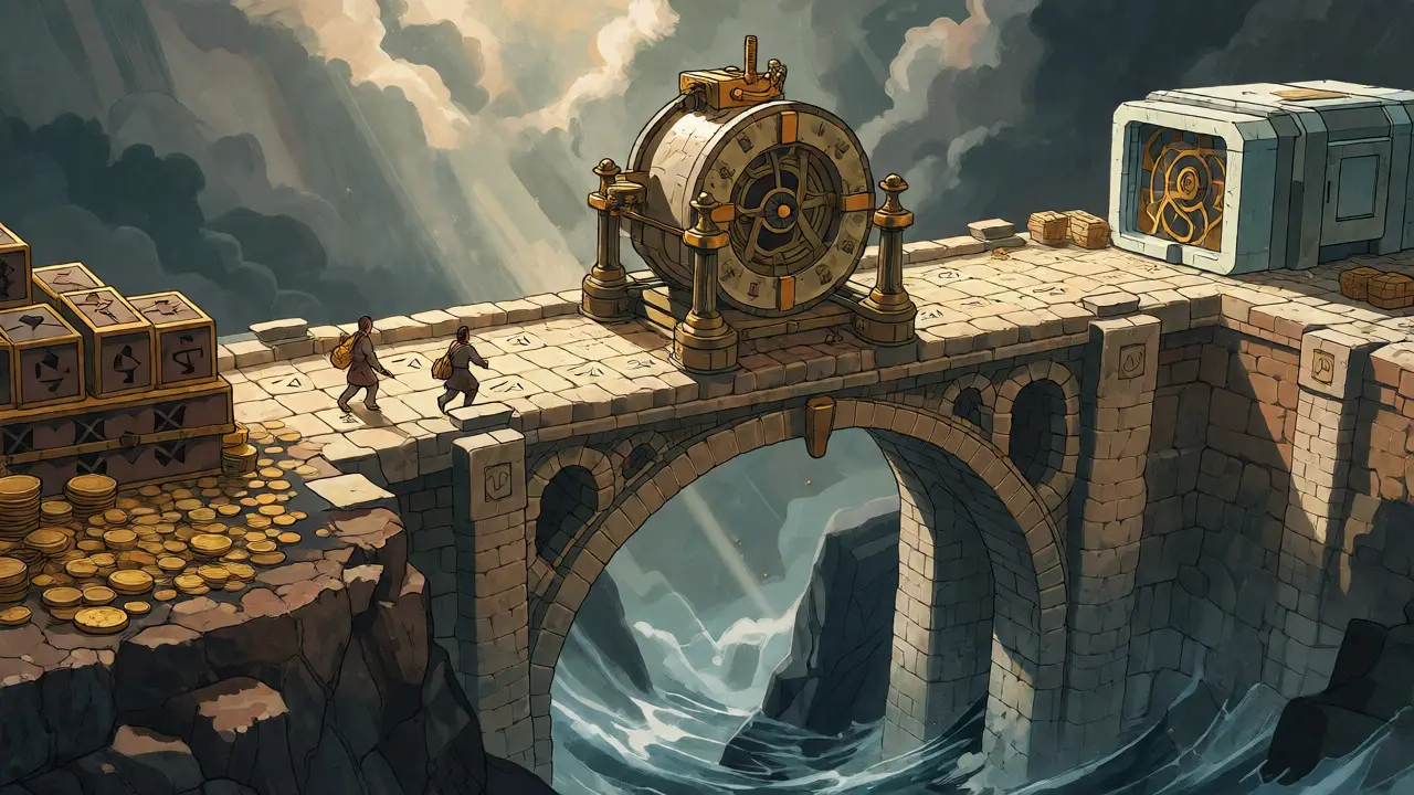 Allegorical stone bridge spanning a chasm with a mechanical routing engine.