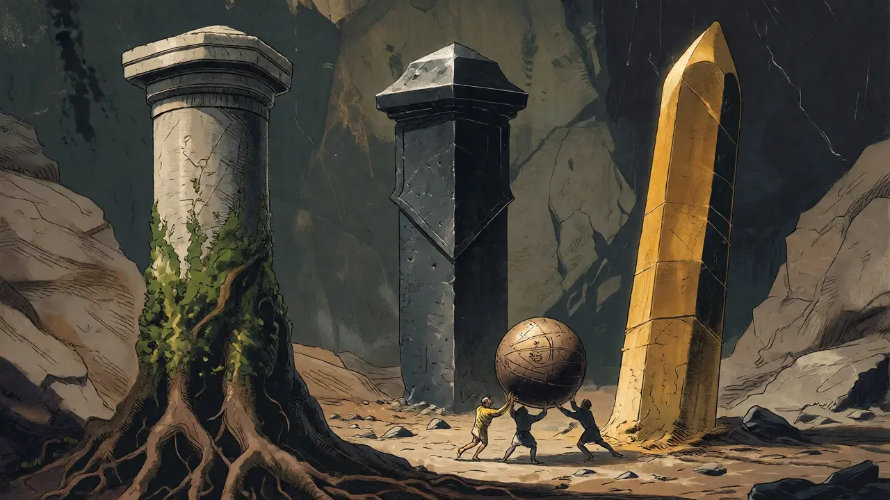 Allegory of blockchain trilemma with three balancing pillars