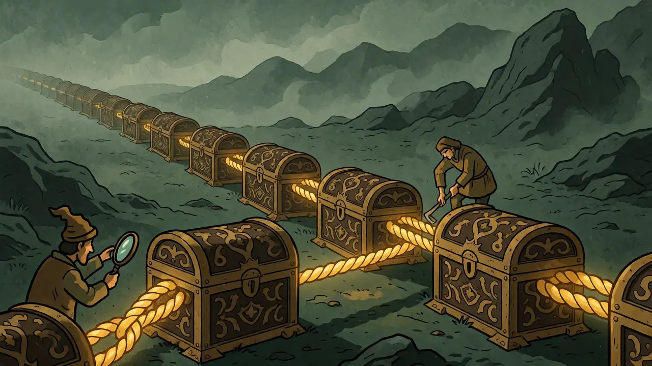 Chain of linked chests across a landscape illustrating blockchain immutability