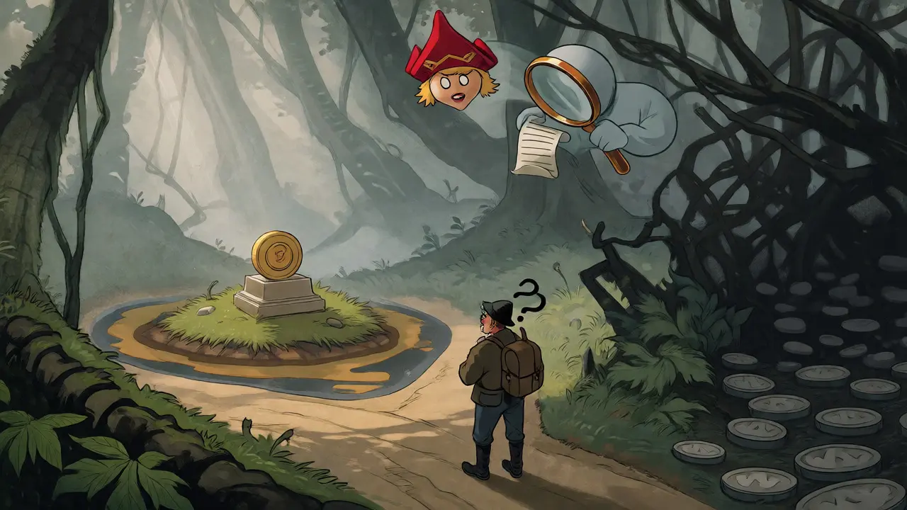 Confused traveler at fork in foggy forest representing crypto liquidity traps