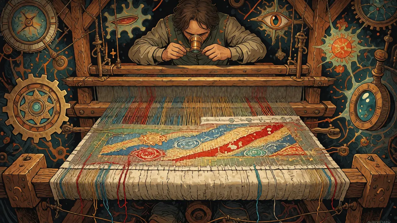 Fantasy-style artisan inspecting a woven tapestry for mismatched threads using a jeweler's loupe.