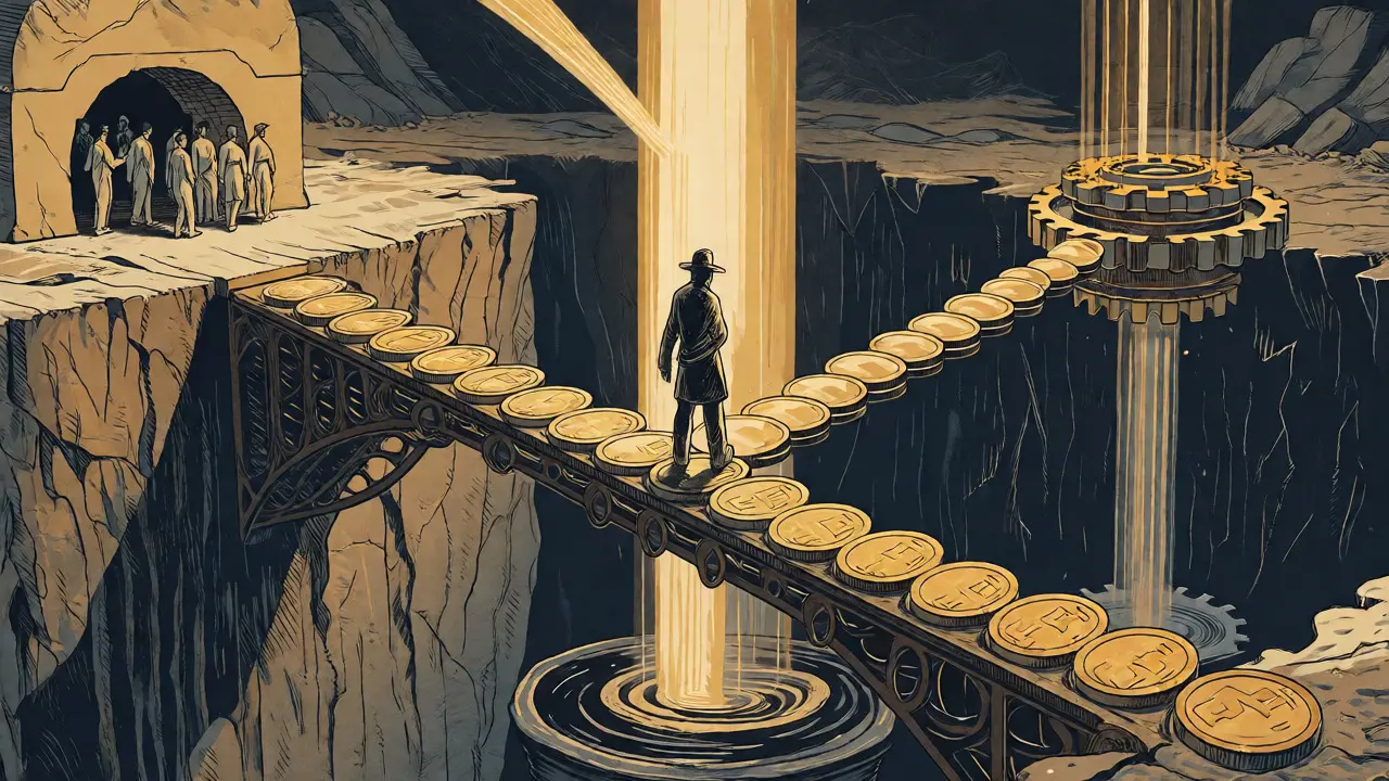 Figure crossing coin bridge with tax streams flowing to different areas
