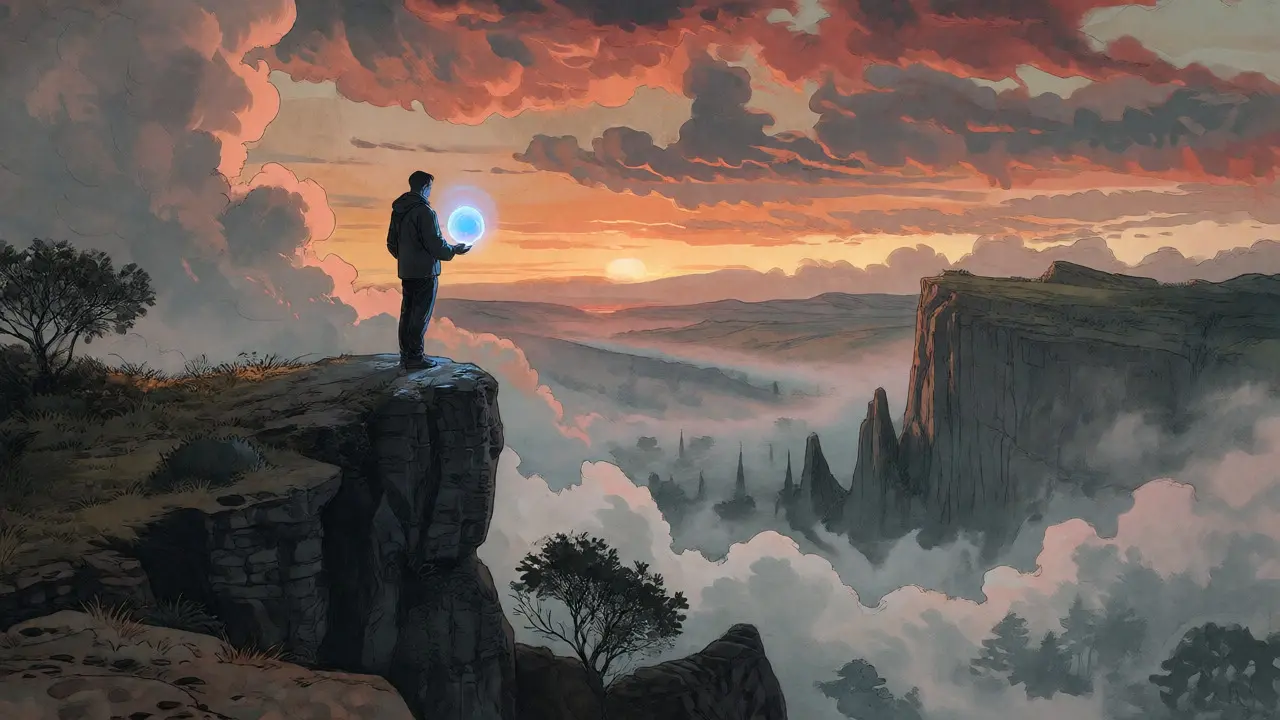 Figure on a cliff holding a glowing orb overlooking a misty valley at dawn.