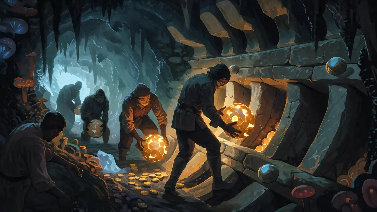 Figures mining glowing tokens in a dark cave using an ancient machine, faces hidden.