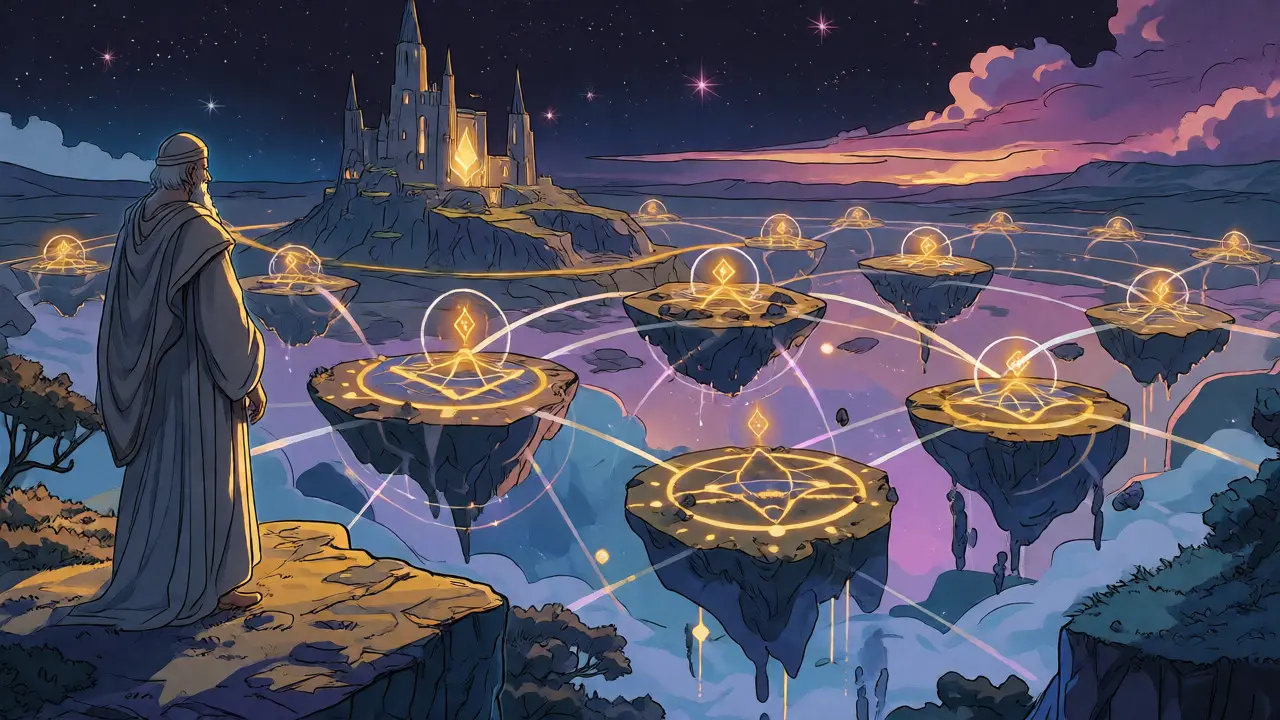 Floating islands connected by light paths under a starry sky depicting modular future