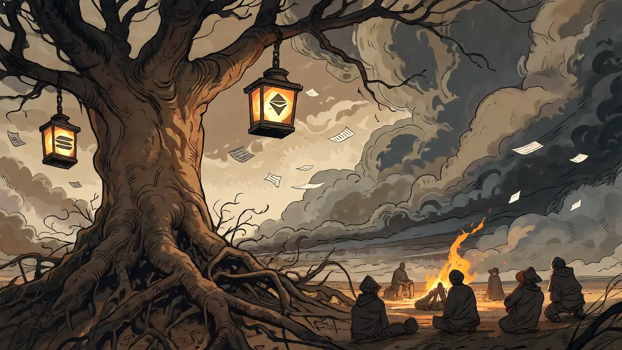 Fragile tree with Solana/Ethereum lanterns under stormy regulatory skies