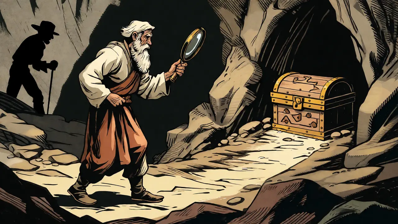 Guide examining fake treasure chest with lurking scammer shadow
