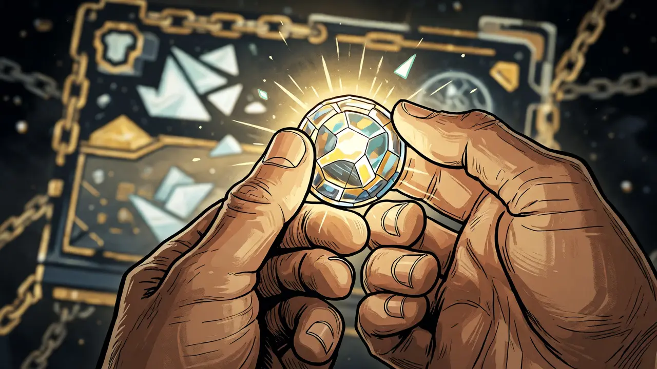 Hands holding a glowing crystal token orb against a dark, abstract background.