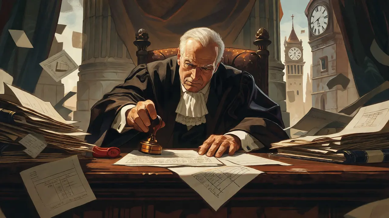 Historical-style official stamping tax documents surrounded by ledgers and floating profit symbols under candlelight.