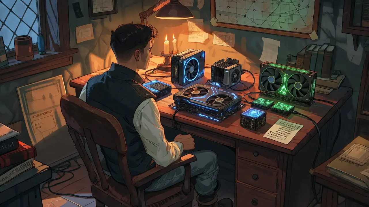 Hobbyist mining setup with glowing GPU hardware in a warm, candlelit study room