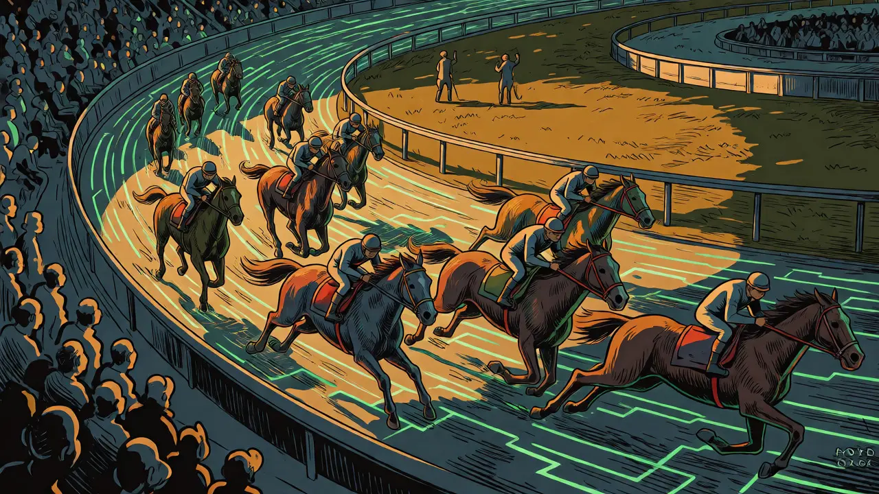 Illustration of NFT horses racing on a glowing virtual track in a stadium.