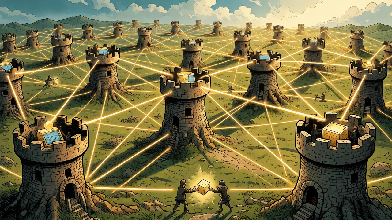 Interconnected towers forming a resilient peer-to-peer network mesh.